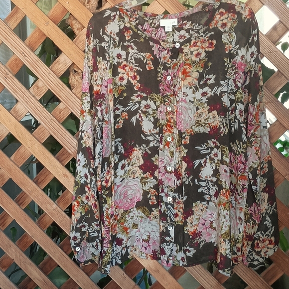 J. Jill Brown Rayon Colorful Floral Portrait Neckline Button Up Blouse Lg Petite - Picture 1 of 9